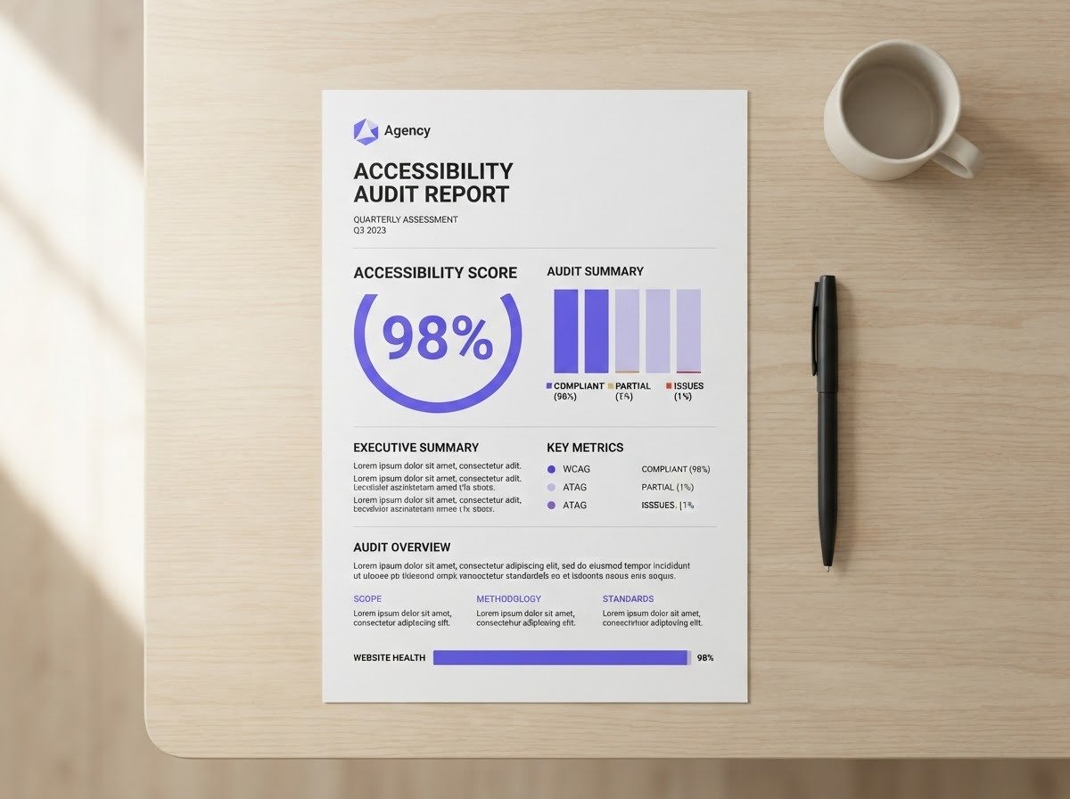 Top-down mockup of a white-label AltGenie accessibility audit report printed on a minimalist desk, showing a 98% accessibility score and violet accent bars with a placeholder agency logo area at the top.